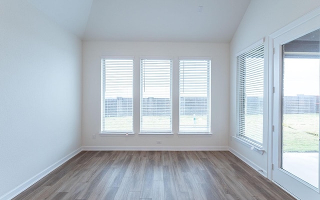 spare room with lofted ceiling, wood finished floors, and baseboards