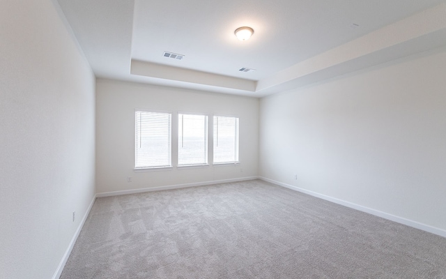 carpeted empty room with a tray ceiling