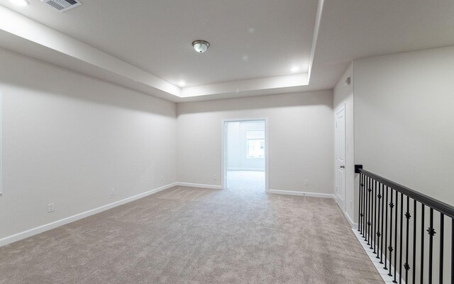 spare room featuring light colored carpet and a raised ceiling