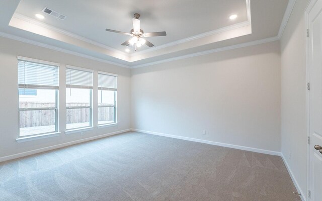 empty room with carpet, ceiling fan, a raised ceiling, and crown molding