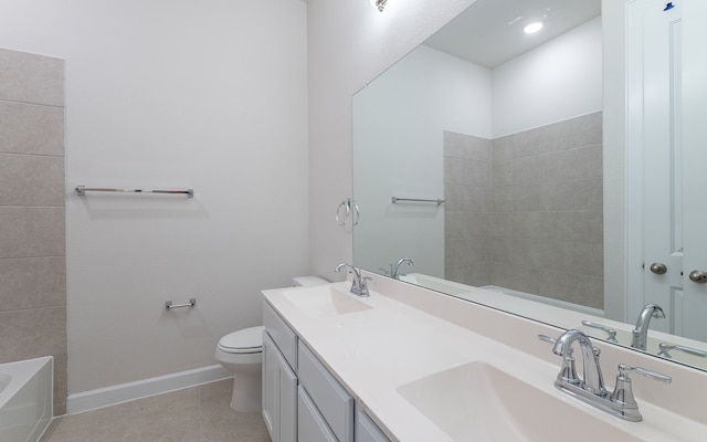 full bathroom with toilet, tile flooring, large vanity, shower / bath combination, and double sink