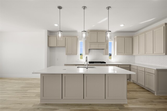 kitchen with sink, light hardwood / wood-style flooring, and an island with sink