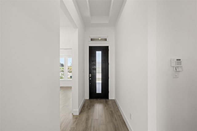 entryway featuring light wood-type flooring and elevator