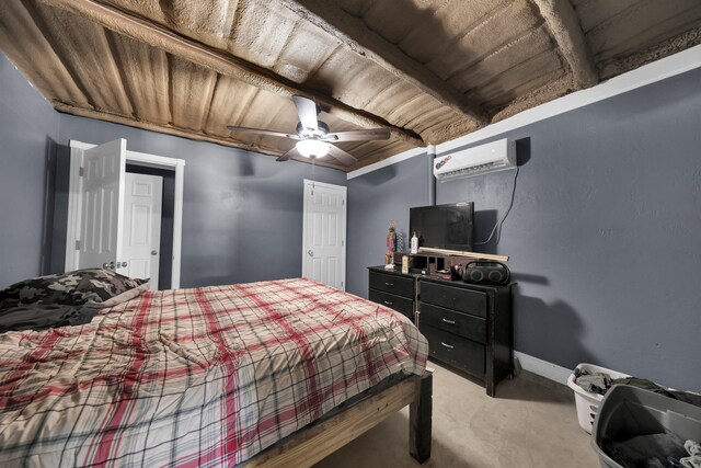 bedroom featuring wooden ceiling, carpet, ceiling fan, and an AC wall unit