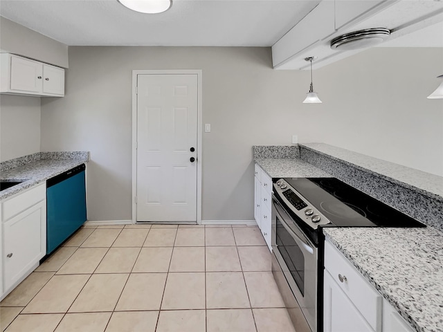 kitchen with decorative light fixtures, white cabinetry, black dishwasher, stainless steel electric range oven, and light tile patterned flooring