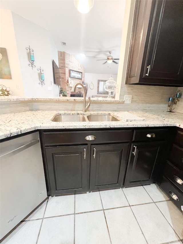 bathroom with tile floors, ceiling fan, tasteful backsplash, and vanity