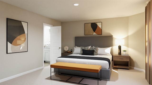 bedroom featuring light carpet, ensuite bath, and baseboards