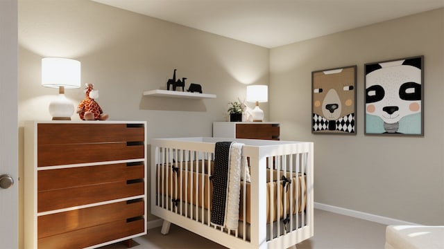 bedroom featuring a nursery area and baseboards