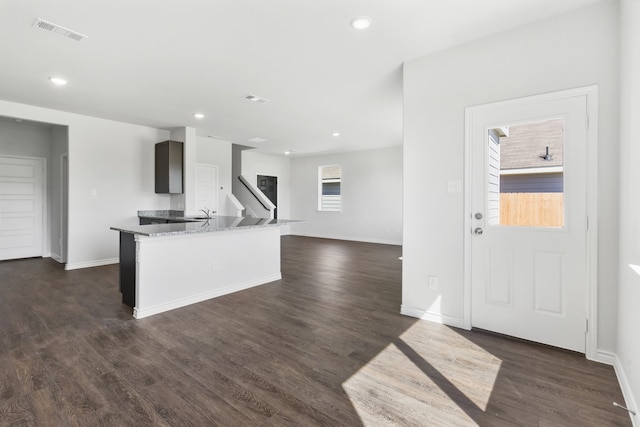 kitchen featuring light stone countertops, dark hardwood / wood-style flooring, and a wealth of natural light