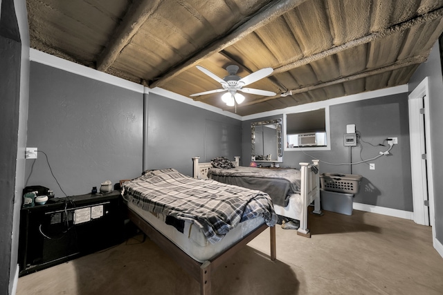 bedroom with concrete floors and ceiling fan