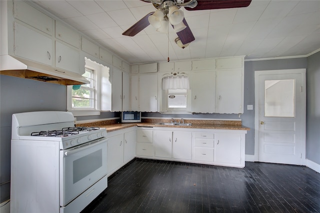 kitchen with dark wood-style floors, white gas stove, a sink, under cabinet range hood, and stainless steel microwave