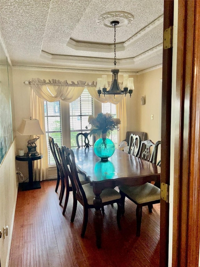 dining space with a textured ceiling, a tray ceiling, and dark wood-style flooring