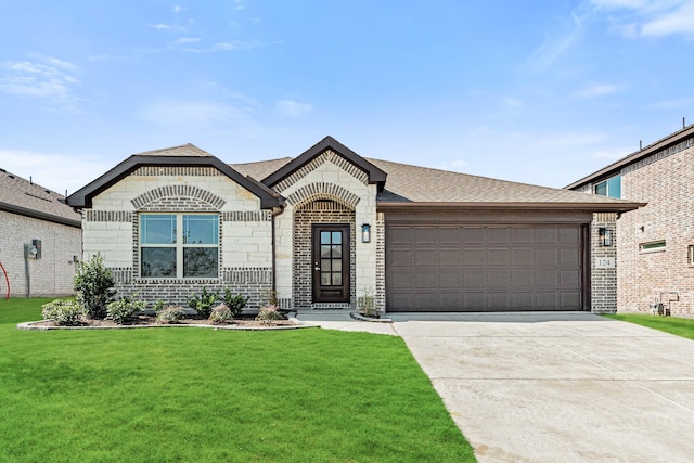 french country inspired facade featuring an attached garage, brick siding, a shingled roof, concrete driveway, and a front yard