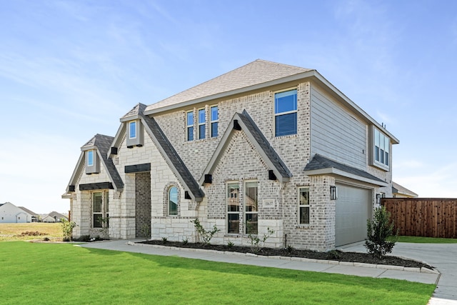 rear view of house featuring a lawn and a garage