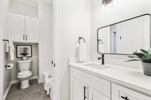 full bathroom featuring tile patterned flooring, crown molding, toilet, shower / washtub combination, and vanity