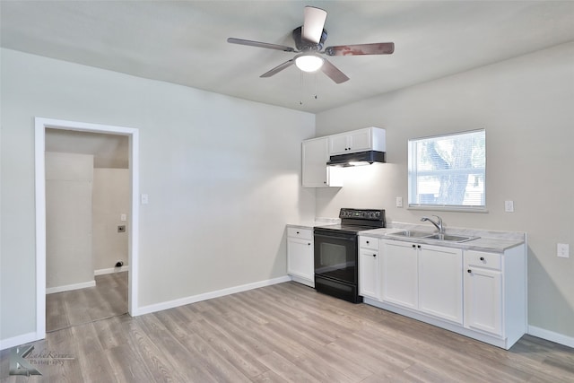 kitchen with sink, black electric range, white cabinetry, light hardwood / wood-style floors, and ceiling fan