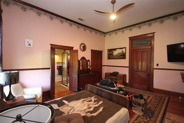 968 Mounce Rd, Grand Cane, LA 71032 - bedroom with ornamental molding, dark wood-type flooring, and ceiling fan