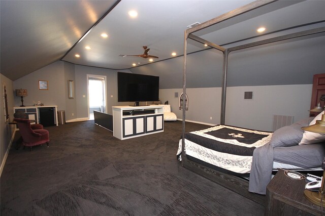 968 Mounce Rd, Grand Cane, LA 71032 - bedroom featuring vaulted ceiling, ceiling fan, and dark colored carpet