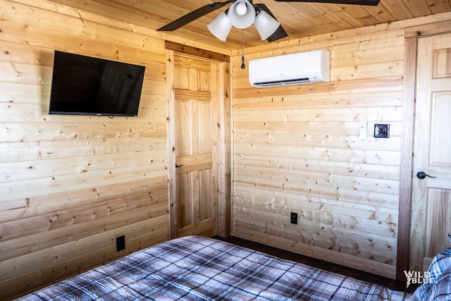 bedroom with a wall mounted AC, wooden walls, ceiling fan, and wooden ceiling