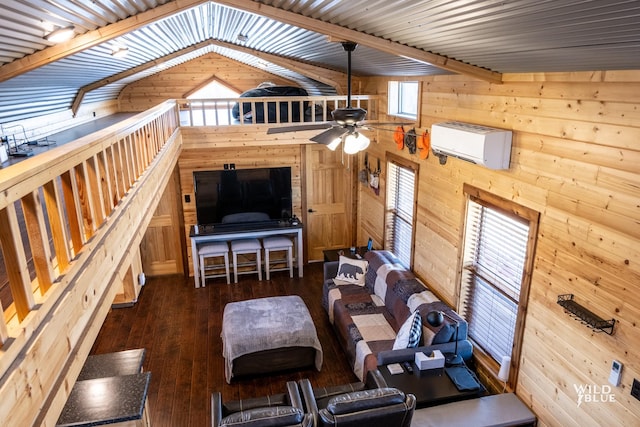 unfurnished living room with wood walls, lofted ceiling, dark wood-type flooring, an AC wall unit, and ceiling fan