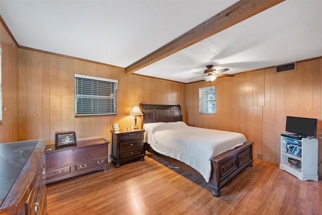 bedroom featuring ceiling fan, beam ceiling, wood-type flooring, and wooden walls