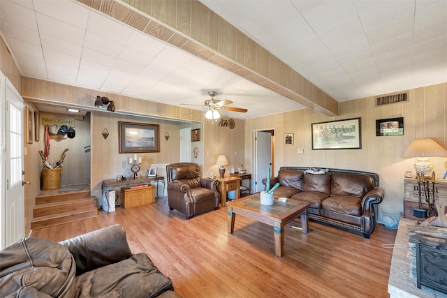 living room with ceiling fan, wood-type flooring, and wood walls