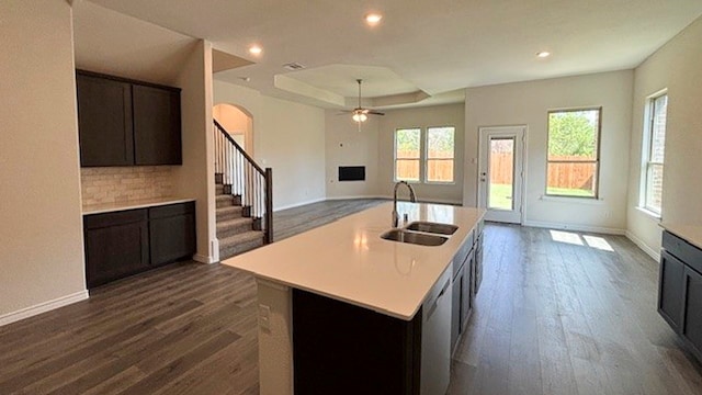 kitchen featuring sink, a raised ceiling, a center island with sink, and dark hardwood / wood-style floors