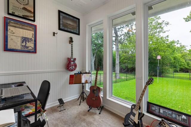 office space with light colored carpet and ornamental molding