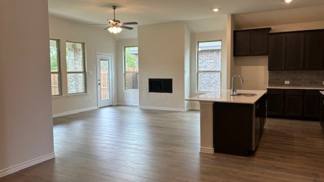 kitchen featuring a kitchen island with sink, tasteful backsplash, sink, ceiling fan, and hardwood / wood-style flooring