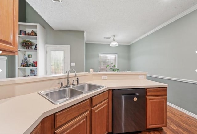 kitchen featuring crown molding, sink, stainless steel dishwasher, dark hardwood / wood-style floors, and a textured ceiling