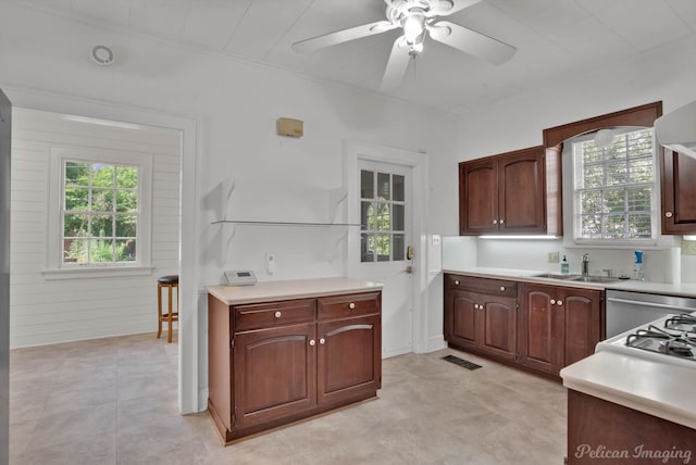 kitchen with ceiling fan, sink, and dark brown cabinets