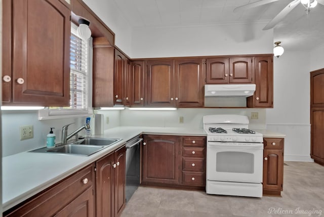 kitchen featuring dishwasher, ceiling fan, sink, and gas range gas stove