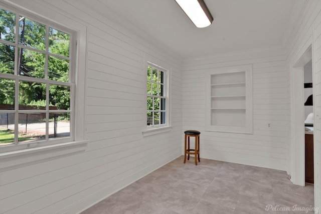 interior space featuring wooden walls, built in features, and a wealth of natural light