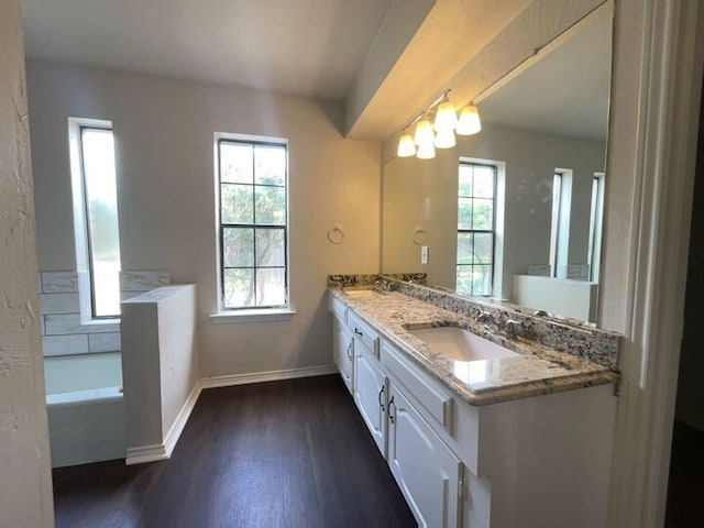 bathroom with wood-type flooring, vanity, and a bathtub