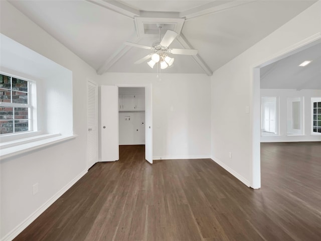 unfurnished bedroom featuring lofted ceiling with beams, a closet, ceiling fan, and dark hardwood / wood-style flooring