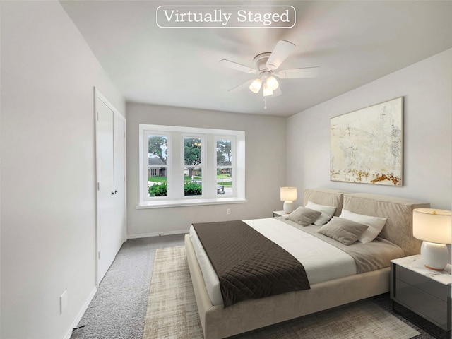 bedroom featuring carpet and ceiling fan