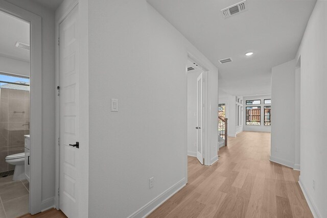 hallway featuring plenty of natural light and light hardwood / wood-style flooring