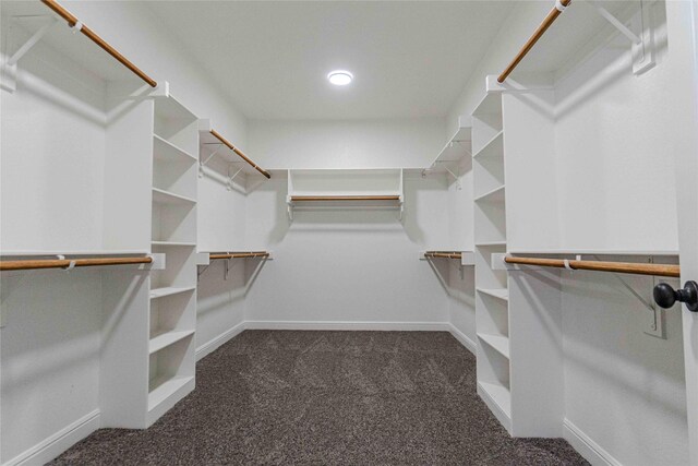 walk in closet featuring dark carpet