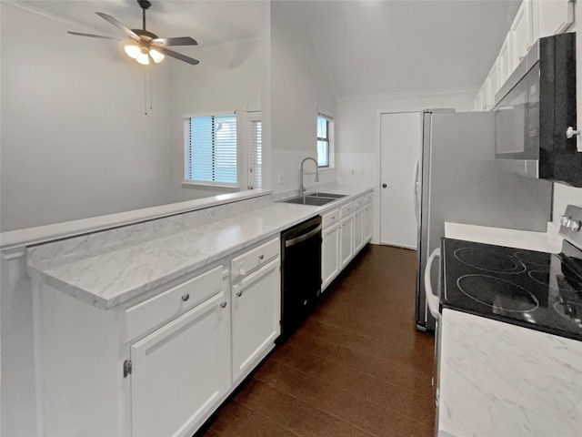 kitchen with sink, backsplash, white cabinetry, stainless steel range with electric stovetop, and black dishwasher