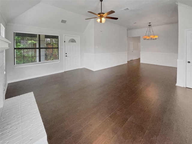 unfurnished living room with ceiling fan, a fireplace, and lofted ceiling