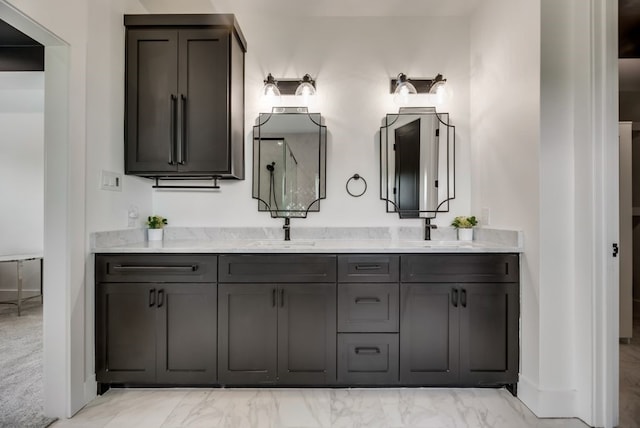 bathroom featuring dual bowl vanity and tile flooring