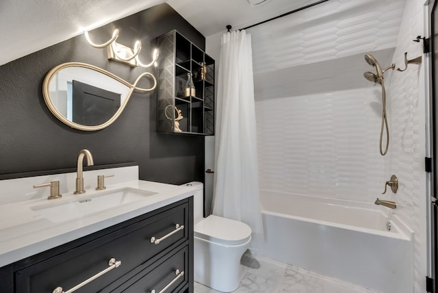 full bathroom with shower / bath combo with shower curtain, toilet, vanity with extensive cabinet space, and tile flooring