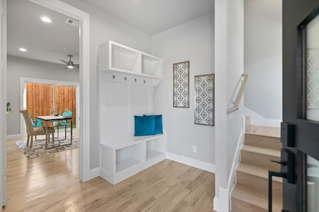 mudroom featuring light hardwood / wood-style floors and ceiling fan