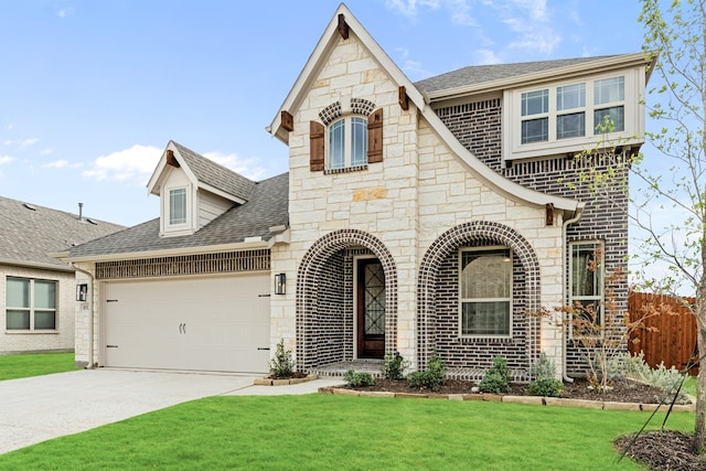 view of front of house featuring a garage and a front lawn