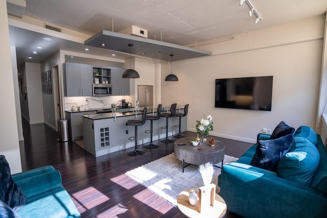 living room with track lighting and dark hardwood / wood-style floors