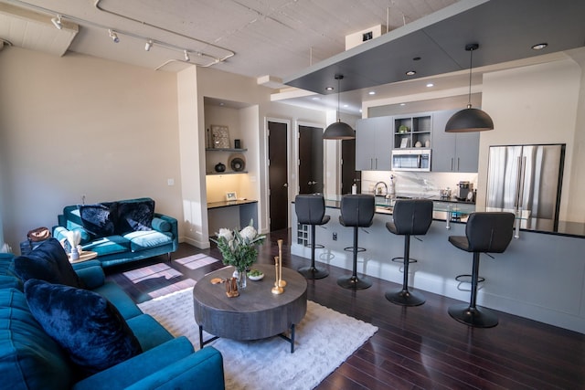 living room with rail lighting and dark wood-type flooring