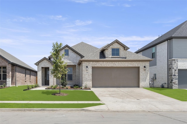 view of front of property featuring a front lawn and a garage