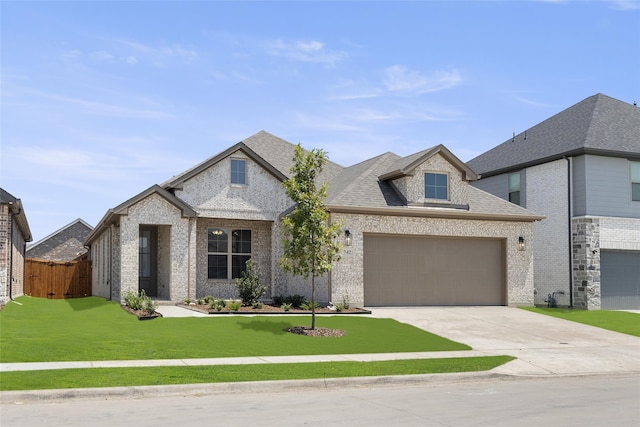 french country style house featuring a garage and a front lawn