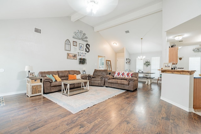 living room featuring beam ceiling, ceiling fan with notable chandelier, dark hardwood / wood-style floors, and high vaulted ceiling