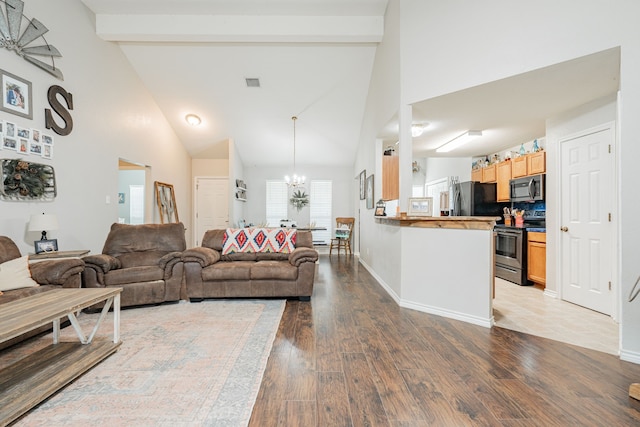 living room featuring beamed ceiling, wood-type flooring, high vaulted ceiling, and a chandelier